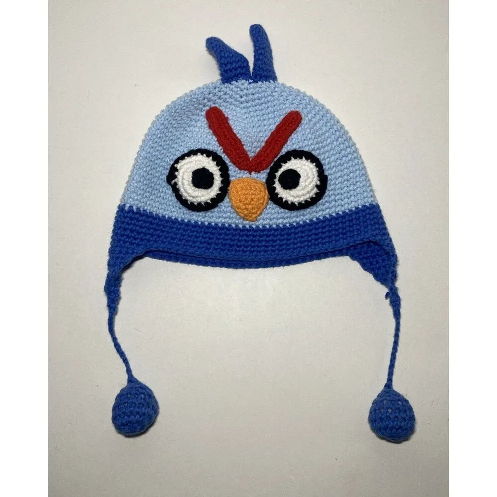 Hand & Heart Angry Birds Blue Bird Crochet Beanie Hat 100% Cotton Earflap‎ Cute